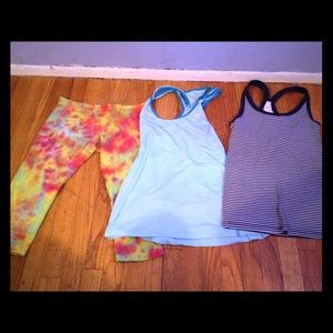 Two racer back workout tops one tye dye leggings