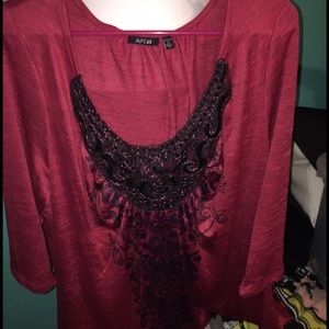 3x red Short sleeve casual dress top with beading