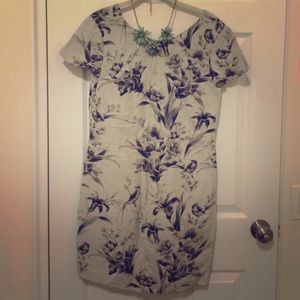 LOFT Grey Floral/Bird Sleeveless Dress