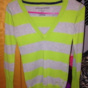 Aeropostale v-neck green and grey striped sweater