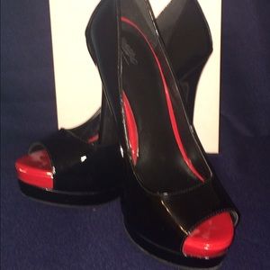 Black and red peep toe heels