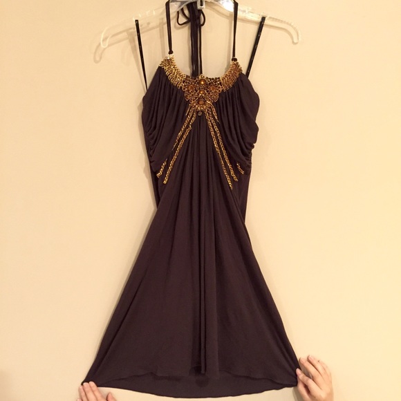 Sky Chocolate Brown Halter Dress with Jewels