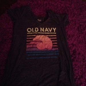 grey old navy shirt with sunset