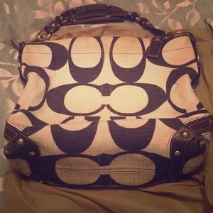 Large canvas / brown leather handbag