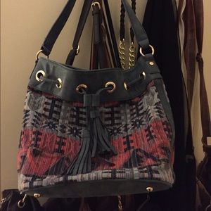 Blue hand bag with gold detailing