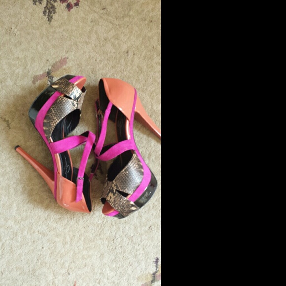 Animal print, coral and fuschia strappy heels
