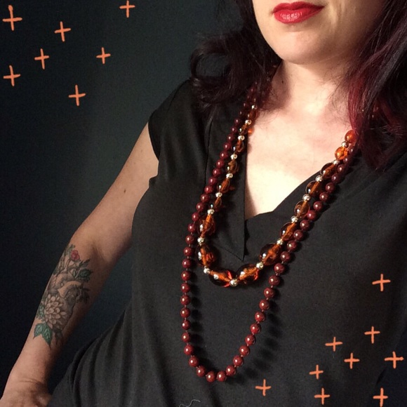 Vintage brown and amber beaded necklace duo.