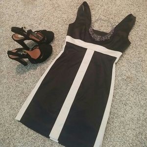 Bebe blk & white stripe/color block cocktail dress
