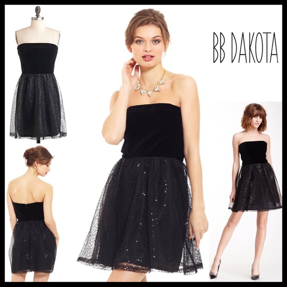 BB DAKOTA BLACK SEQUIN STRAPLESS VELVET BUSTIER COCKTAIL A-LINE MINI DRESS - Picture 3 of 8