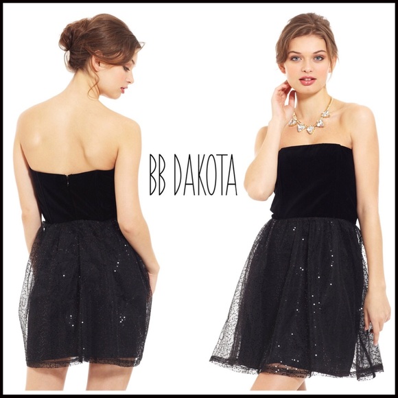 BB DAKOTA BLACK SEQUIN STRAPLESS VELVET BUSTIER COCKTAIL A-LINE MINI DRESS - Picture 6 of 8