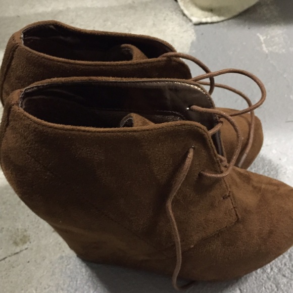 Women's brown suede platform booties with heel