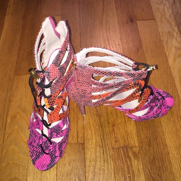 Sexy snake skin heels- pink, black and orange