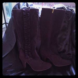 Plum, knee high, almond toe boots w/ ruffle detail