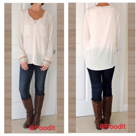 ivory accented cuffs top, sz M - Picture 2 of 4