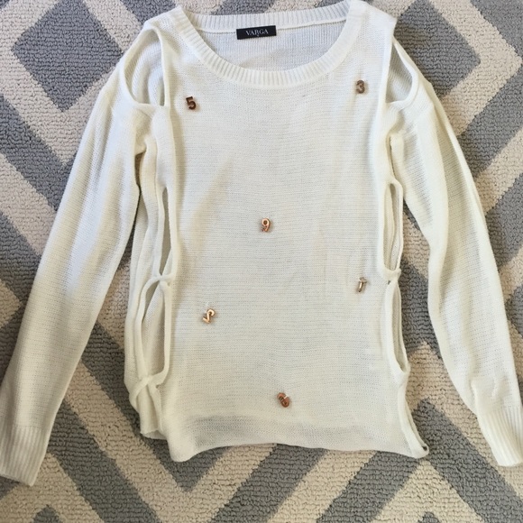White VARGA sweater with Numbers on it and holes
