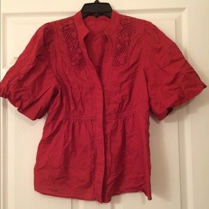 BCBGMaxazria Linen/crochet detail blouse. Size L