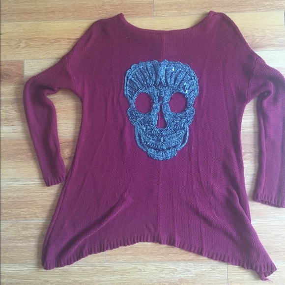 Burgundy LF sweater with beaded skull on back
