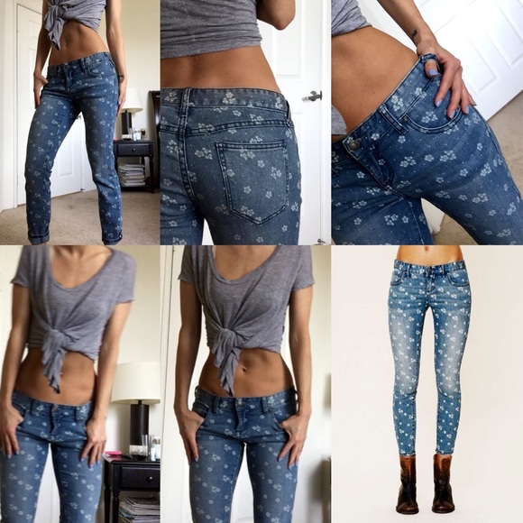 Free People floral print blue jeans