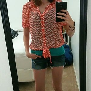 Flowing bright orange+white half sleeve blouse