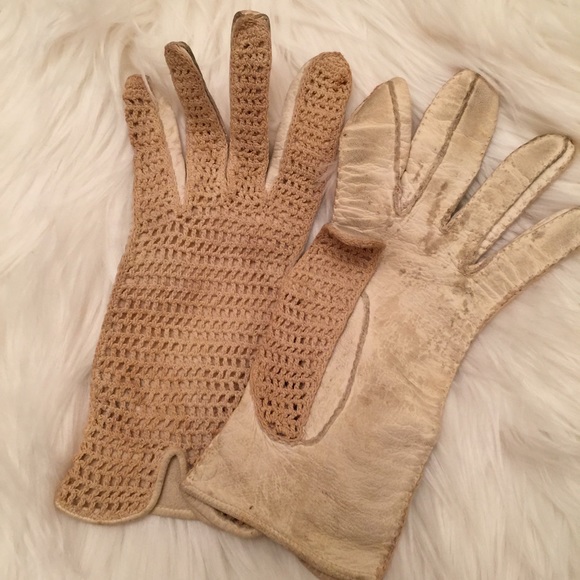 Antique Ivory Leather and Crochet Gloves
