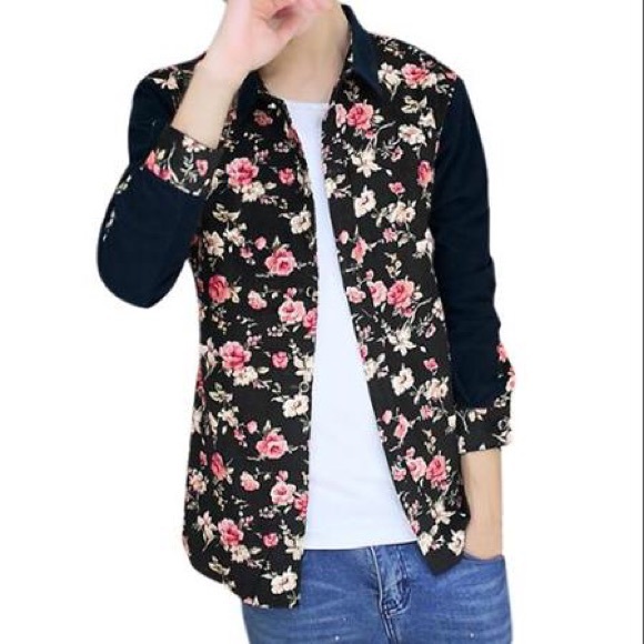 Long Sleeve Flower Print Corduroy Shirt