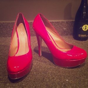 RED patent leather pumps
