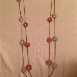 Two roped peach and white flowered necklace