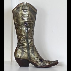 BCBG Metallic Green Leather Stitched Boots