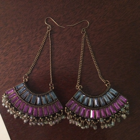 Purple and blue chandelier earrings.