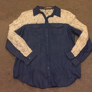Lace denim button up