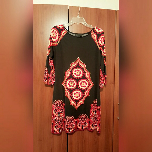 INC Black Printed Long Sleeve Dress