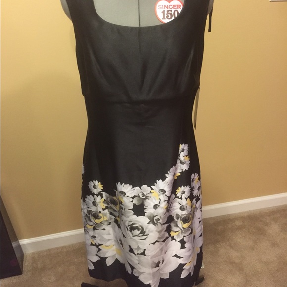 Black satin sheath with yellow grey floral pattern