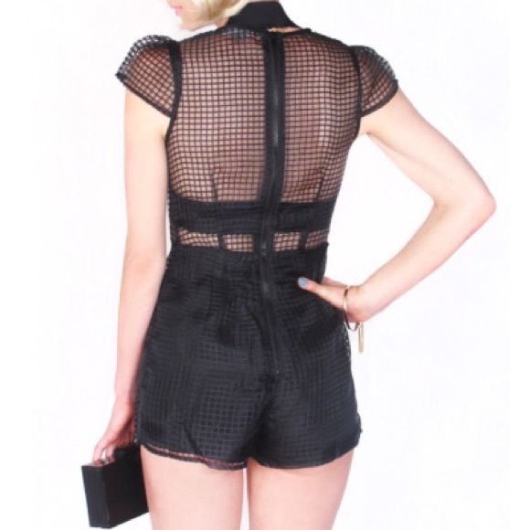 Checkered Sheer Deep V-Neck Romper- Black - Picture 2 of 2