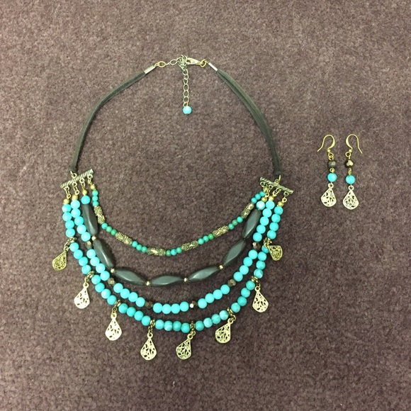 Brown/turquoise blue statement necklace & earrings - Picture 1 of 1