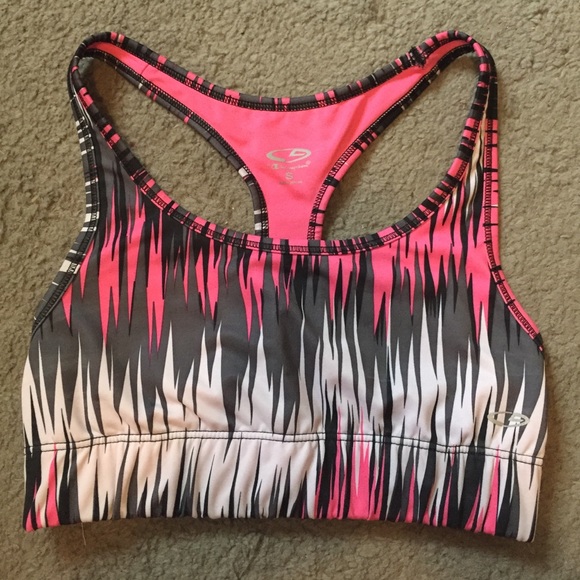 Neon pink gray black and white sports bra