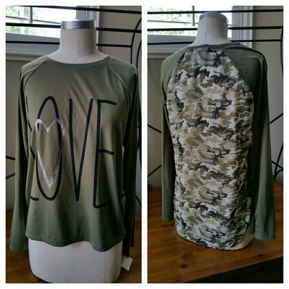 NWT Olive Green & Camo Chiffon Top
