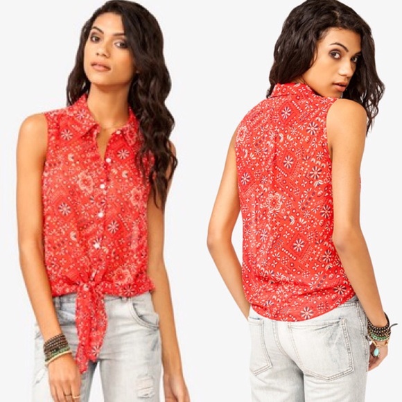 Red front-tie buttoned shirt