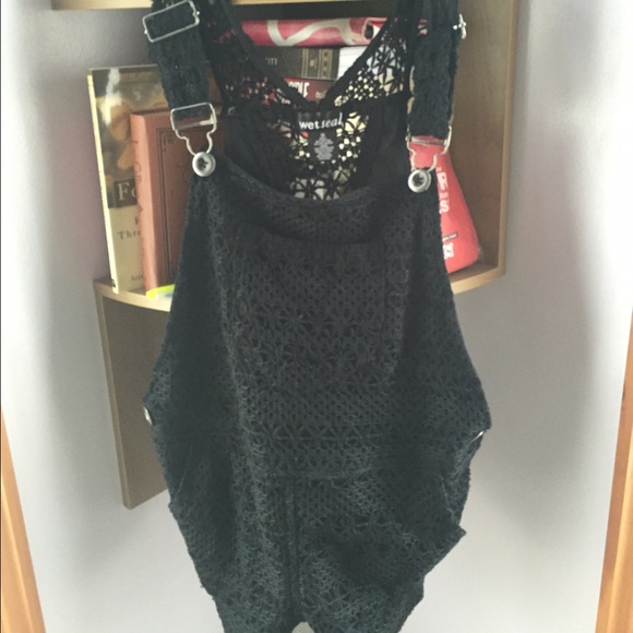 Black crochet overalls
