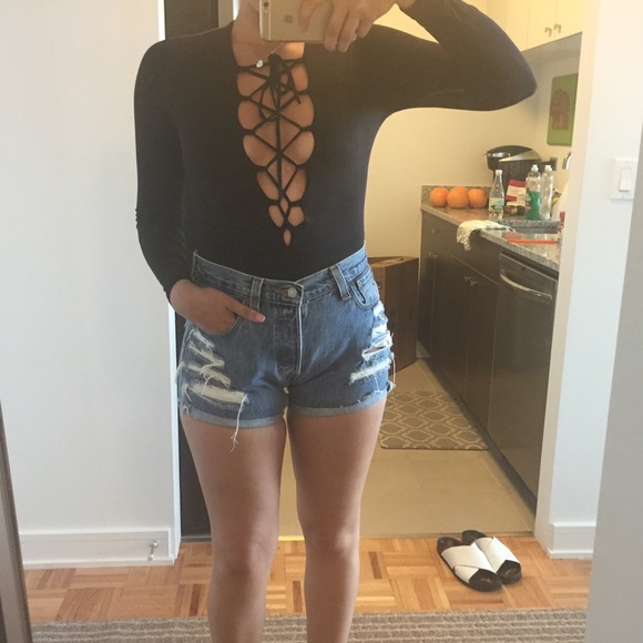 Black Deep V Lace Up Bodysuit