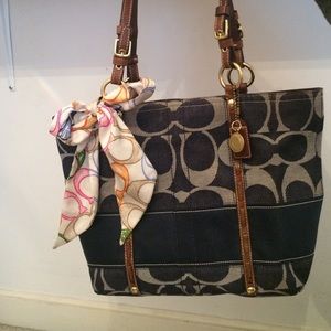 Coach signature stripe denim and leather tote bag