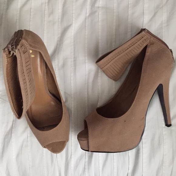 Taupe/ nude suede platform ankle strap heels