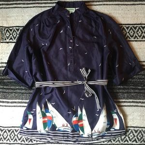 Vintage Silkhana Navy Sailboat Print Tunic w Belt
