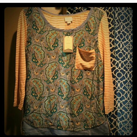 Blue paisley & yellow stripe anthropologie shirt