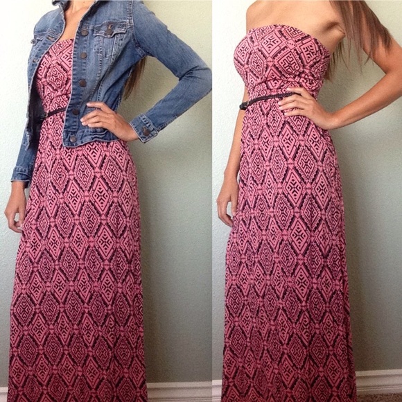 Pink and black strapless Aztec print maxi dress