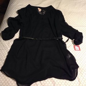 Belted black sheer blouse
