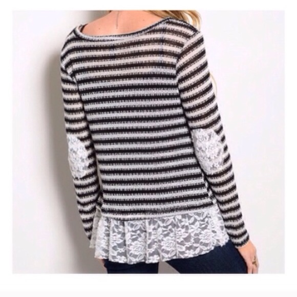 Sweaters - B&W Stripe and Lace Sweater