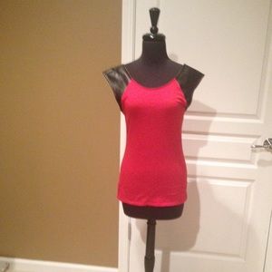 Red blouse with faux leather sleeves