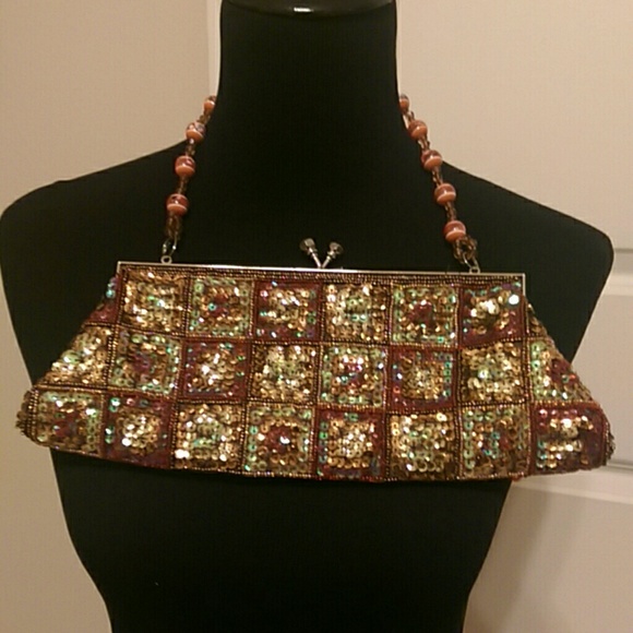 Vintage 90s Bead and Sequin Red and Gold Evening Bag EUC