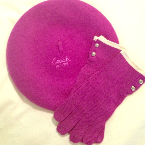 Raspberry beret and gloves from Coach (authentic)!