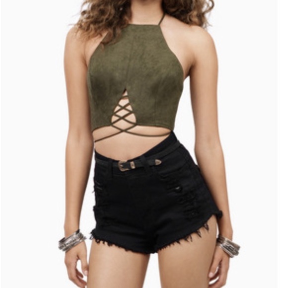 Olive Green Tie-Up Halter Crop Top